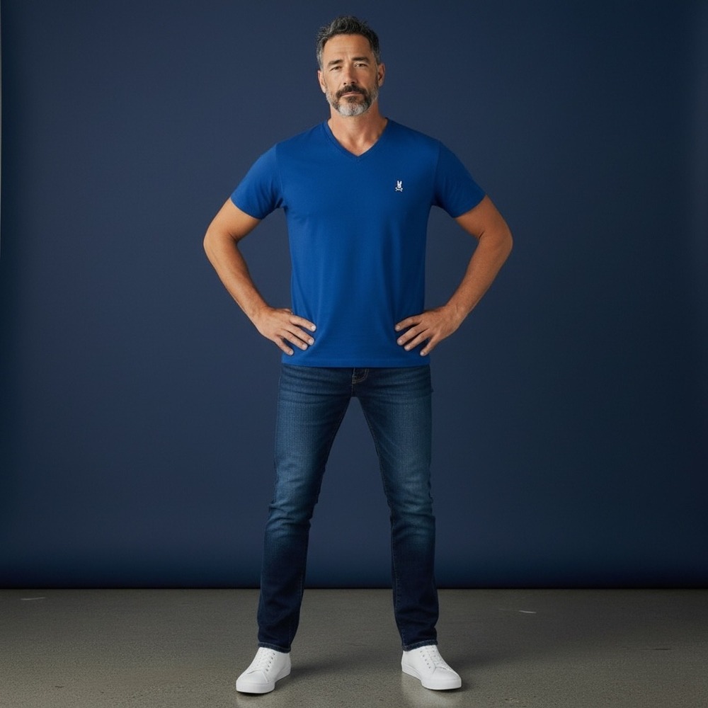 Psycho Bunny Men's Blue V-Neck Pima Cotton T-Shirt Size‎ 6 Large EUC B6U100B1PC